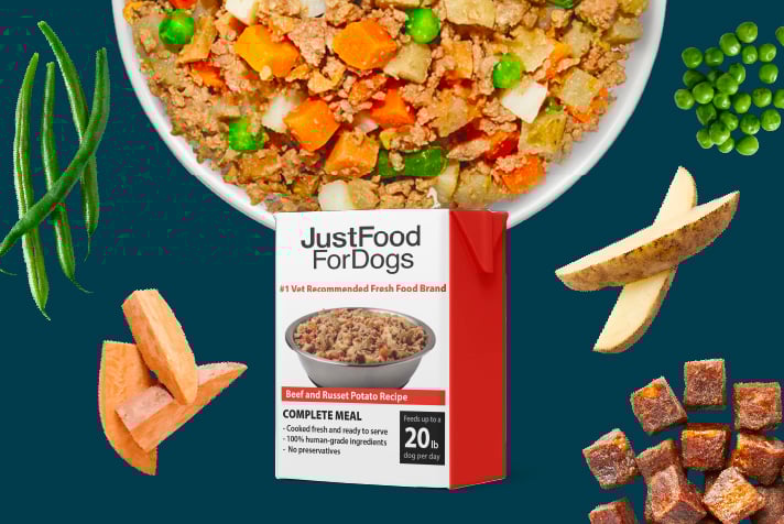 pantry fresh beef and russet potato package displayed with a bowl of the recipe and raw, fresh ingredients around the bowl and package